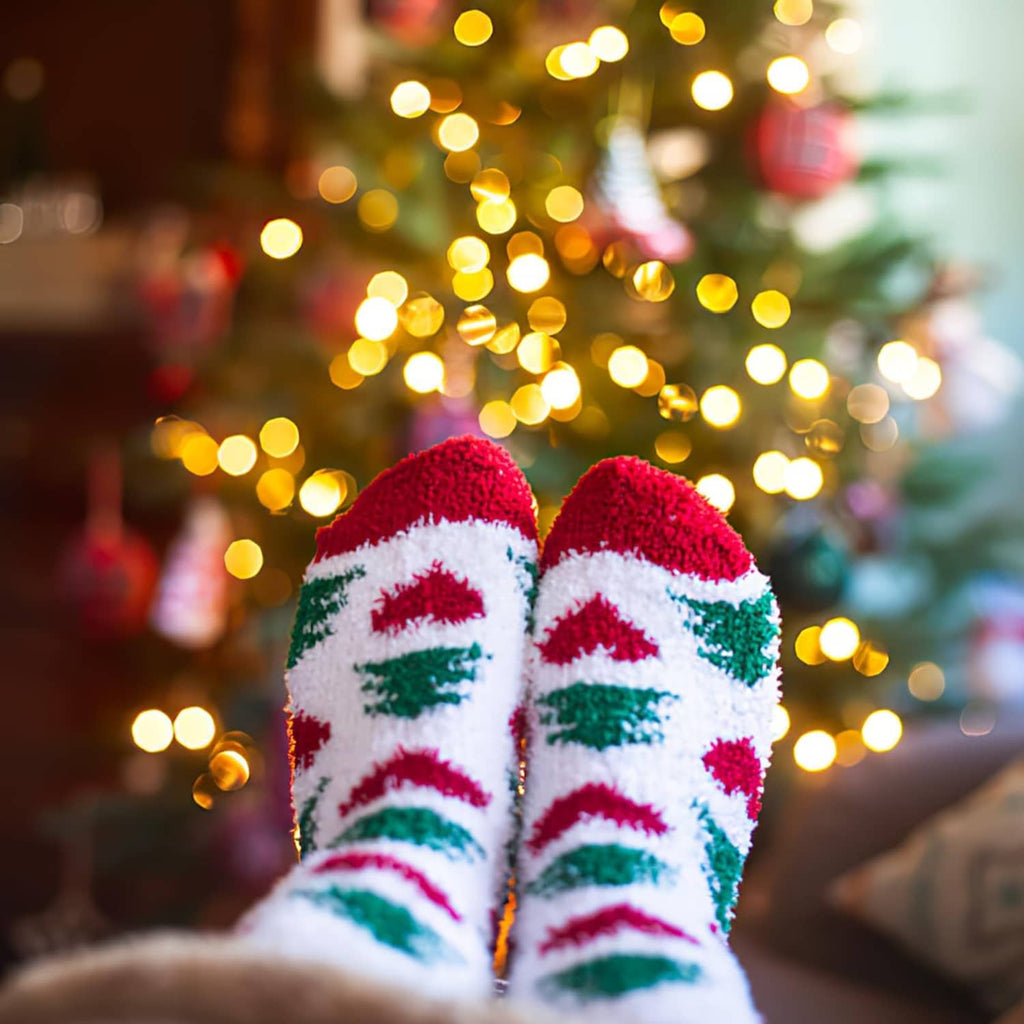 Christmas crew socks with red-and-green stripes and white bases shown on a pair, with a festive motif
