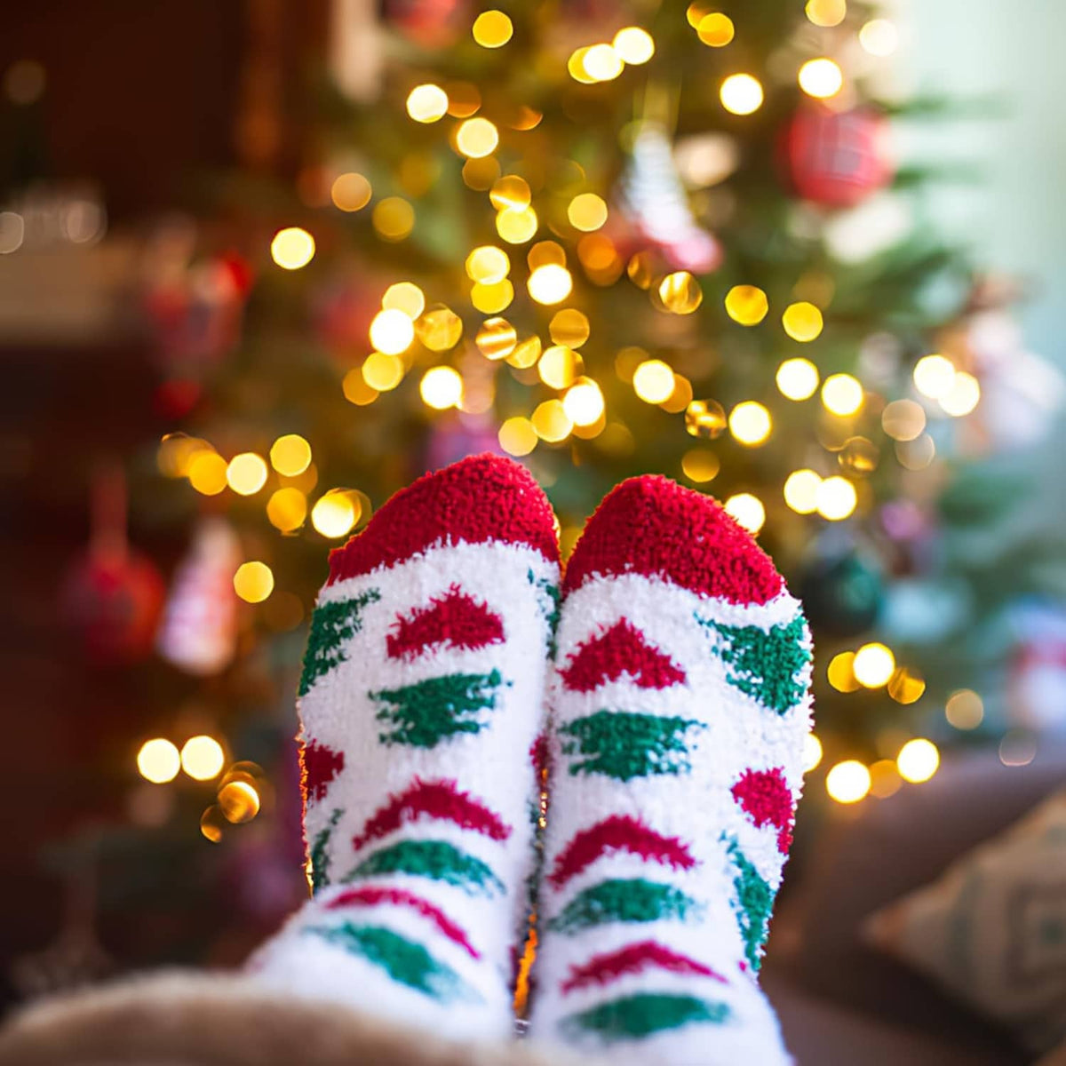 Christmas crew socks with red-and-green stripes and white bases shown on a pair, with a festive motif