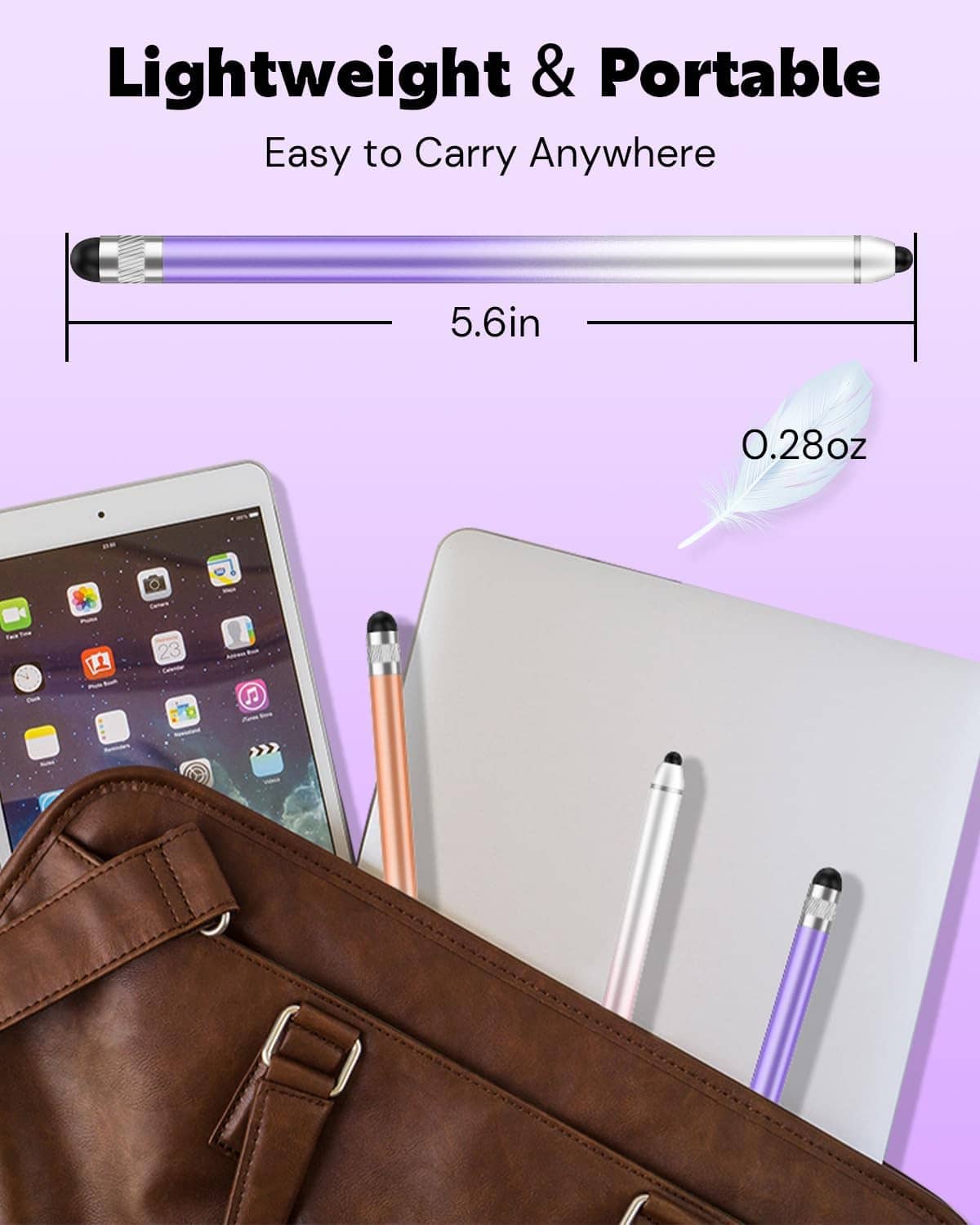 Purple capacitive stylus pen with silver barrel and black tip, shown beside a tablet and bag.