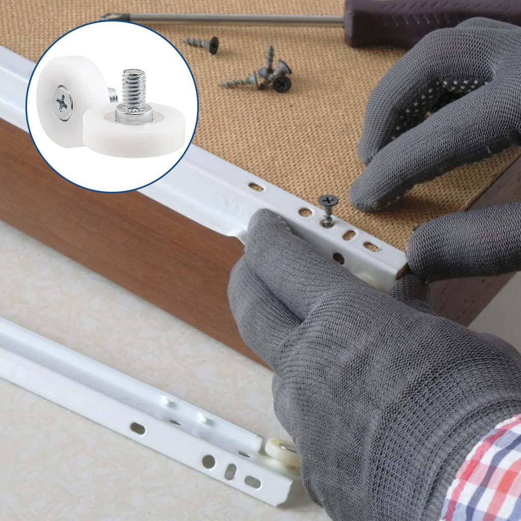 Drawer slide roller wheel with metal screw on white track
