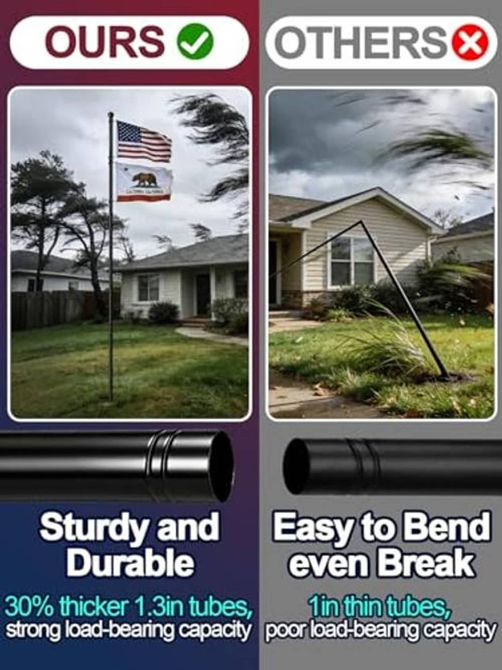 Thick-walled 10 ft in-ground flag pole with sturdy base for bend resistance.