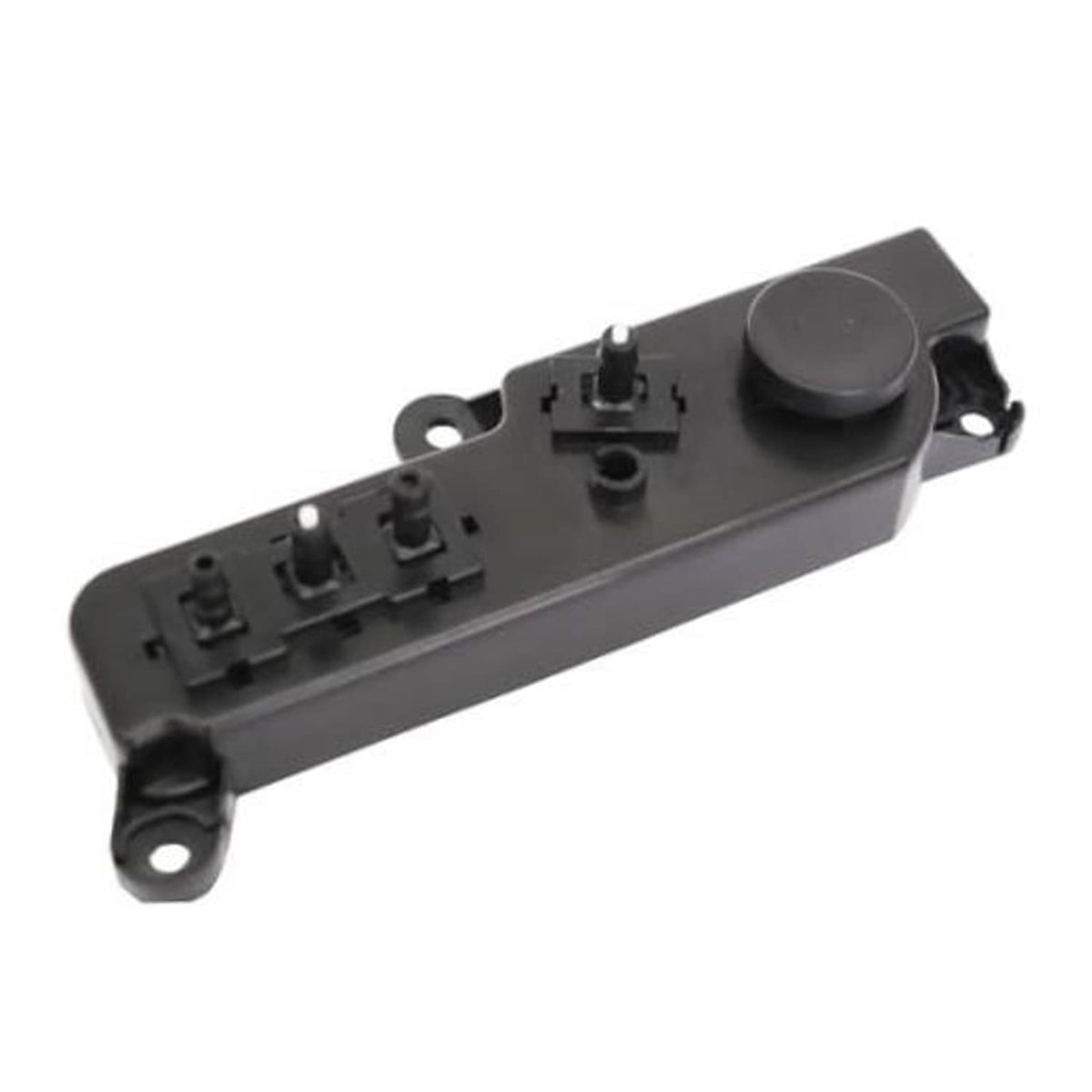 Front left power seat control switch panel with rocker button and connector terminals