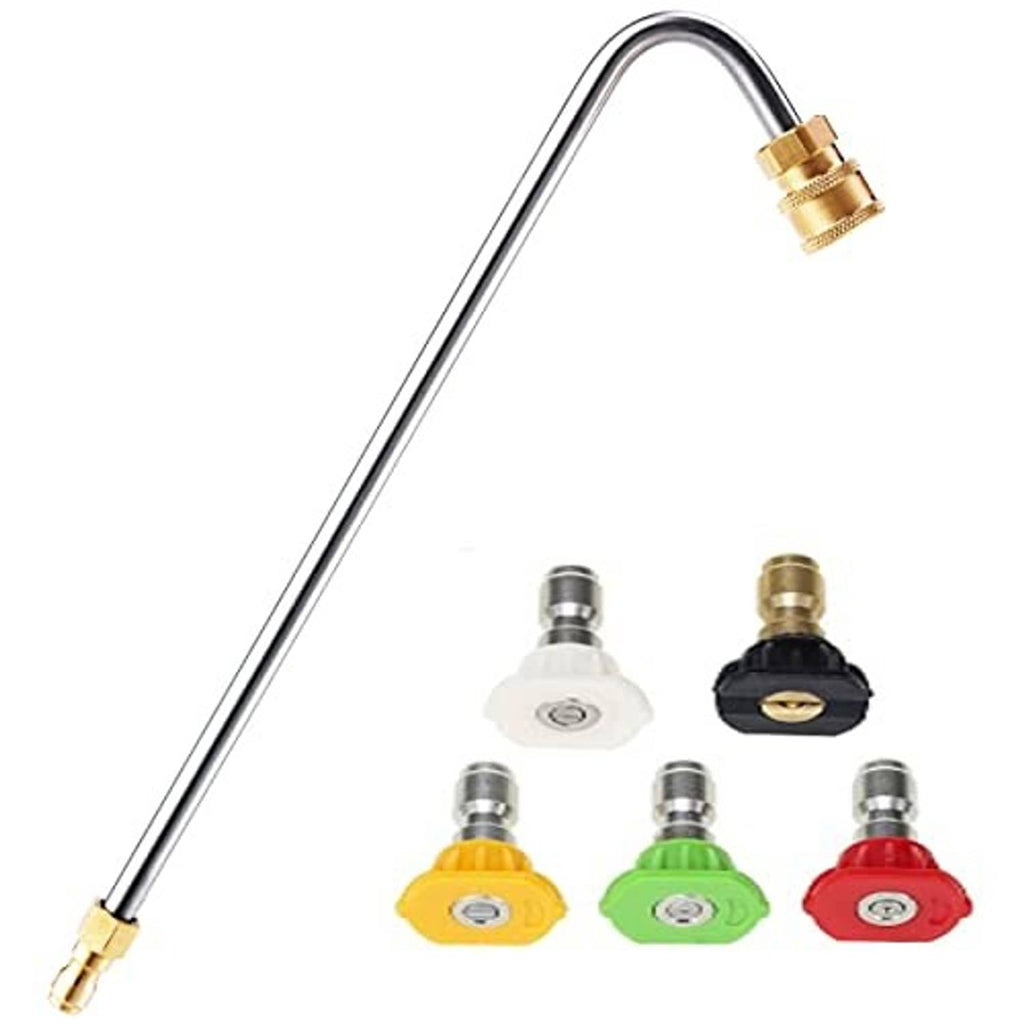 Angled extension wand with gold quick-connect and five colored nozzle heads