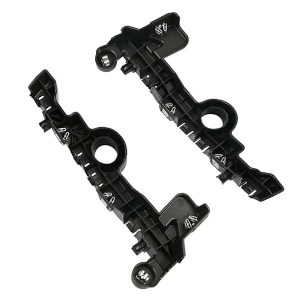 Black plastic bumper guide brackets with circular holes and attachment tabs