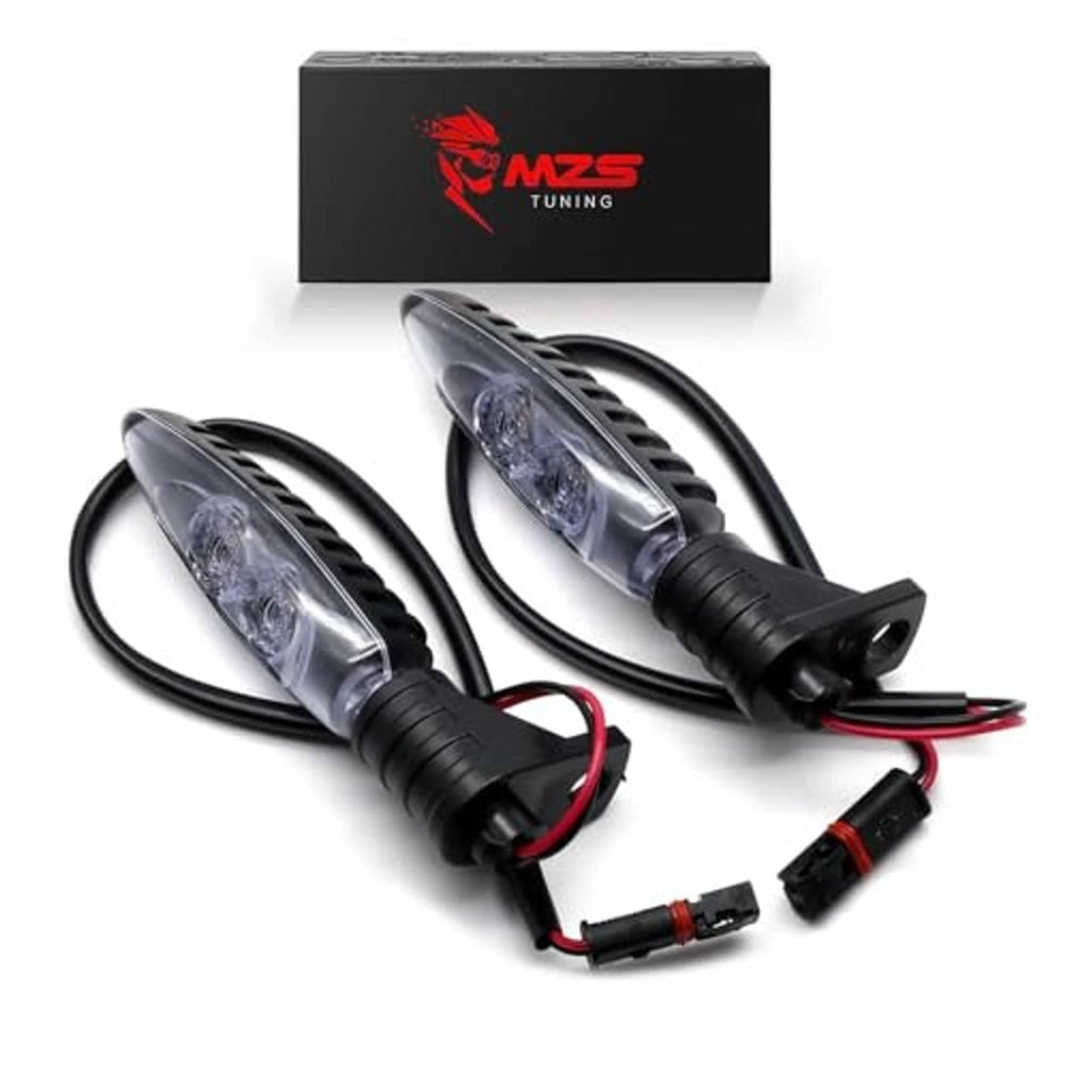 Motorcycle front LED turn signal indicator pair with clear lenses, black housings, and lead wires
