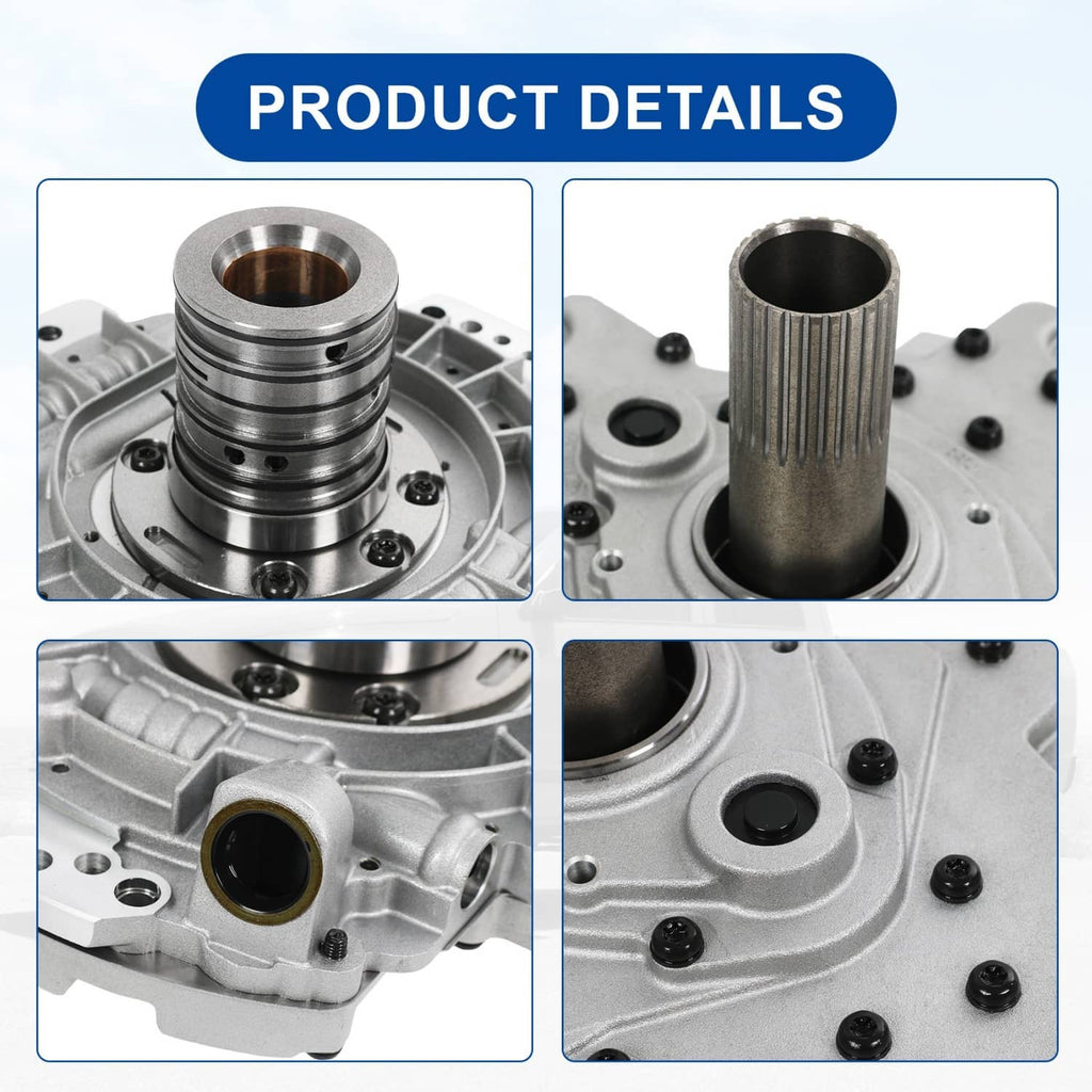 Transmission pump assembly close-ups of port opening and metal input shaft