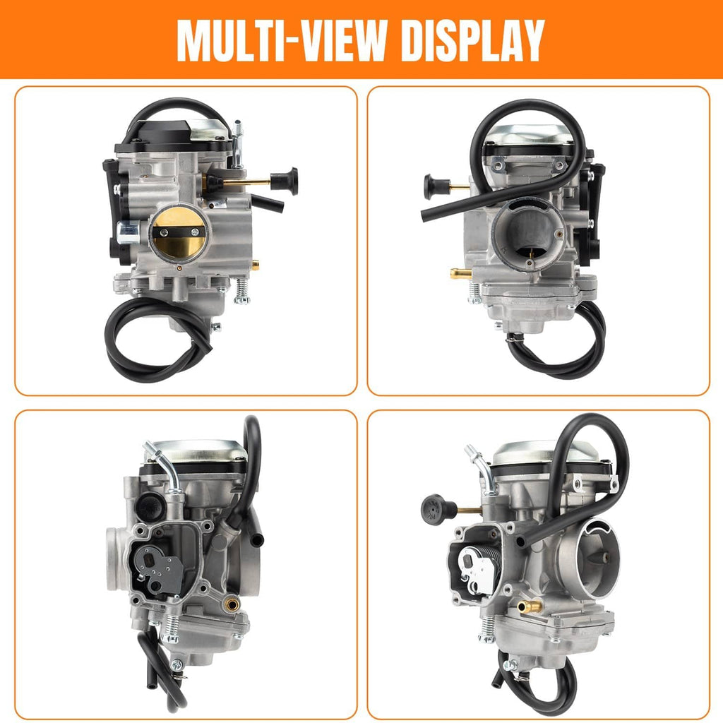 Carburetor multi-angle view showing intake, throttle linkage, and mounting ports