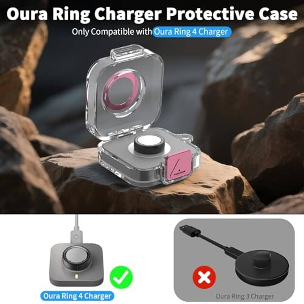 Transparent protective charging case with gray base and pink latch, shown open
