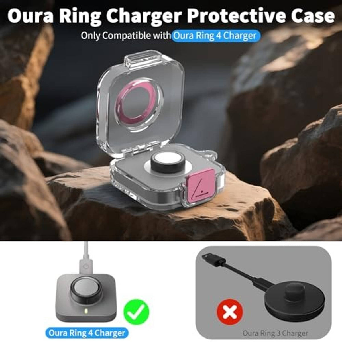 Transparent protective charging case with gray base and pink latch, shown open
