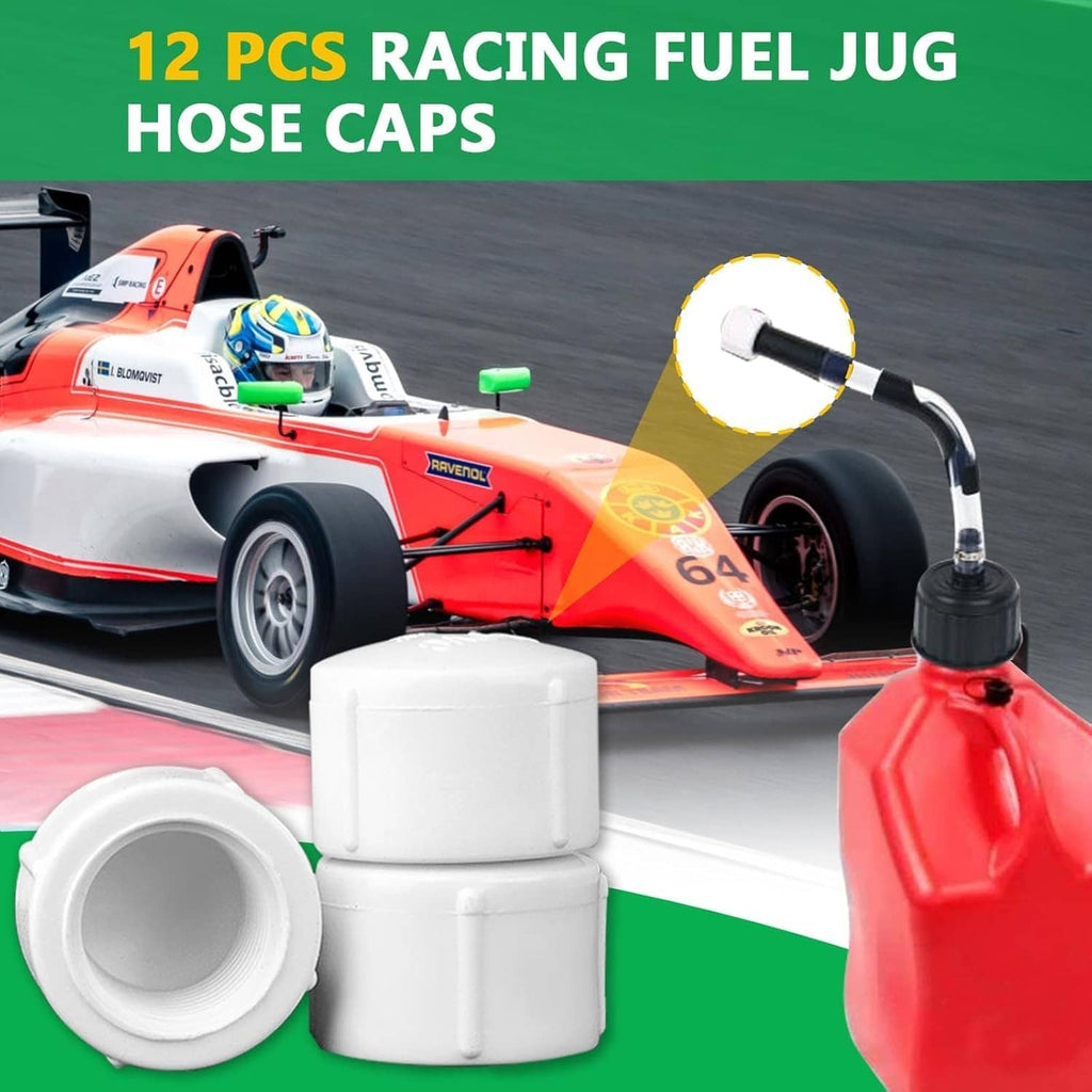 White fuel jug hose caps, stacked pairs with open circular threaded openings