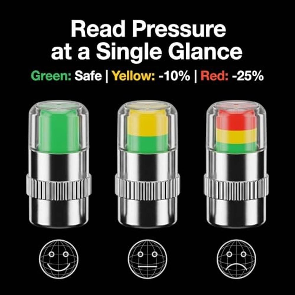 Three silver tire pressure monitor valve caps with green, yellow, and red indicator bands