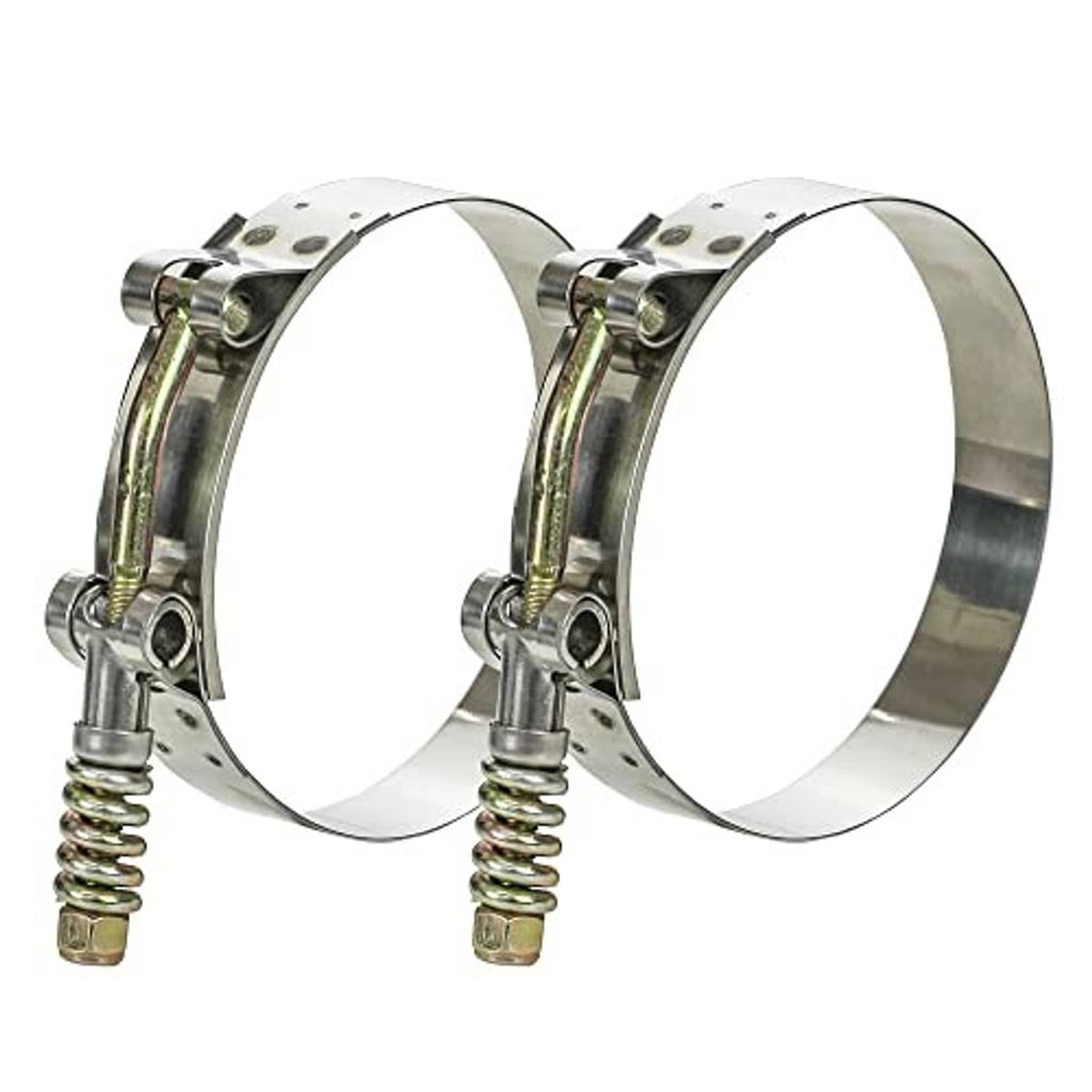 Two-piece stainless steel T-bolt hose clamp set with spring-loaded bolt hardware