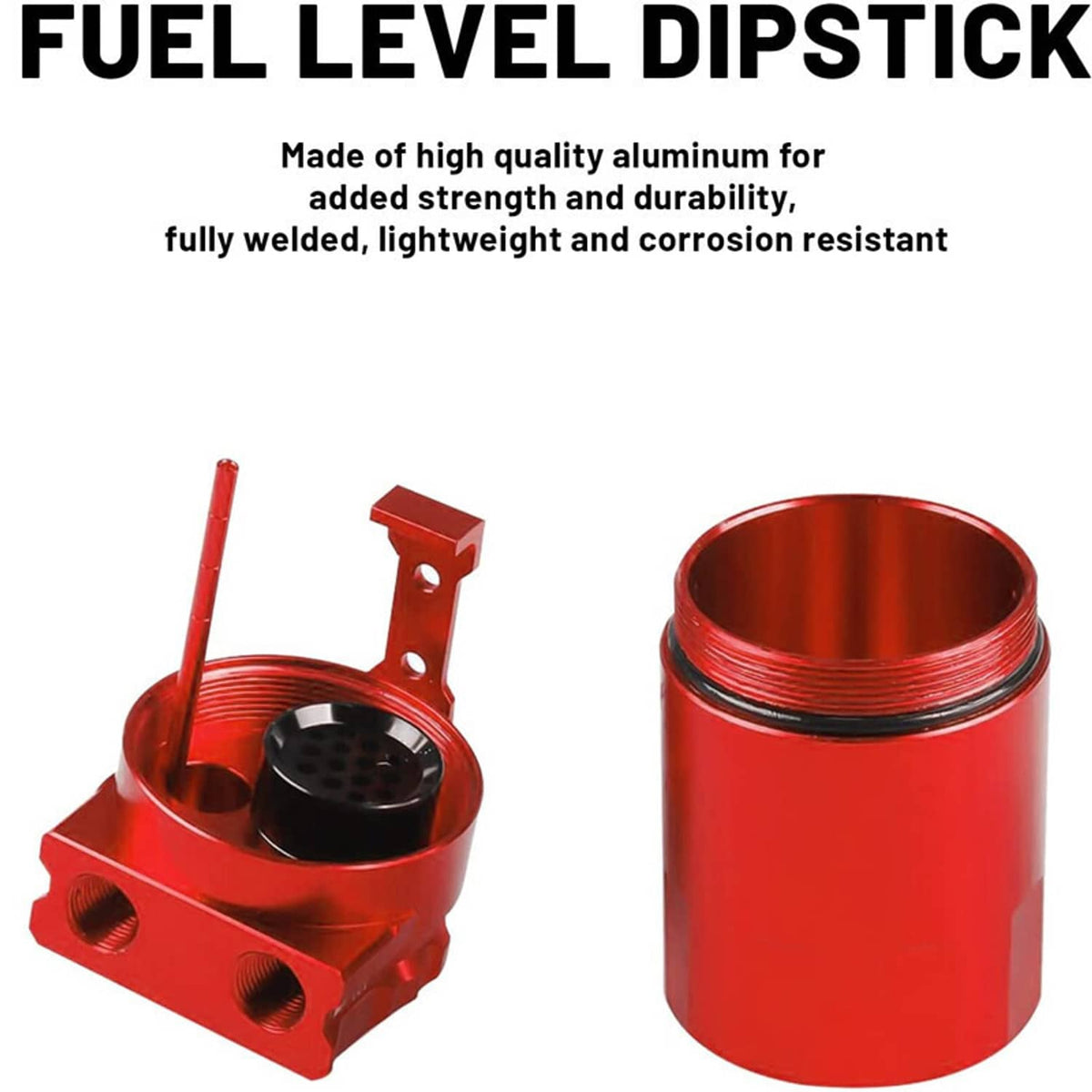 Red oil catch can with dipstick cap assembly and mounting base bracket