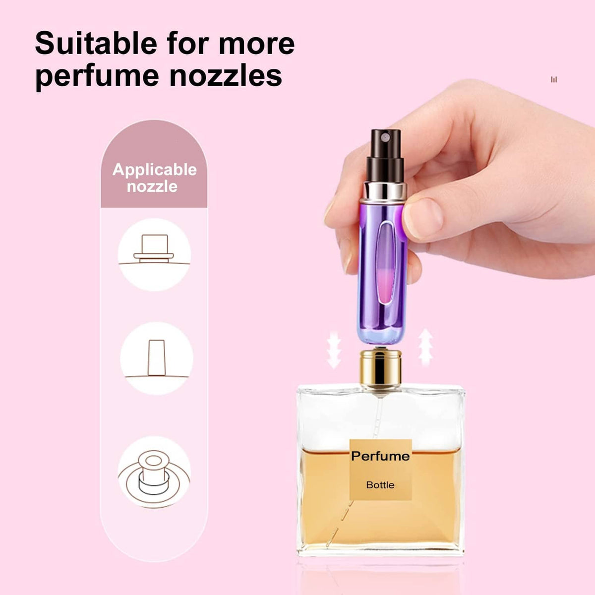 Purple mini perfume atomizer bottle filling a clear fragrance bottle