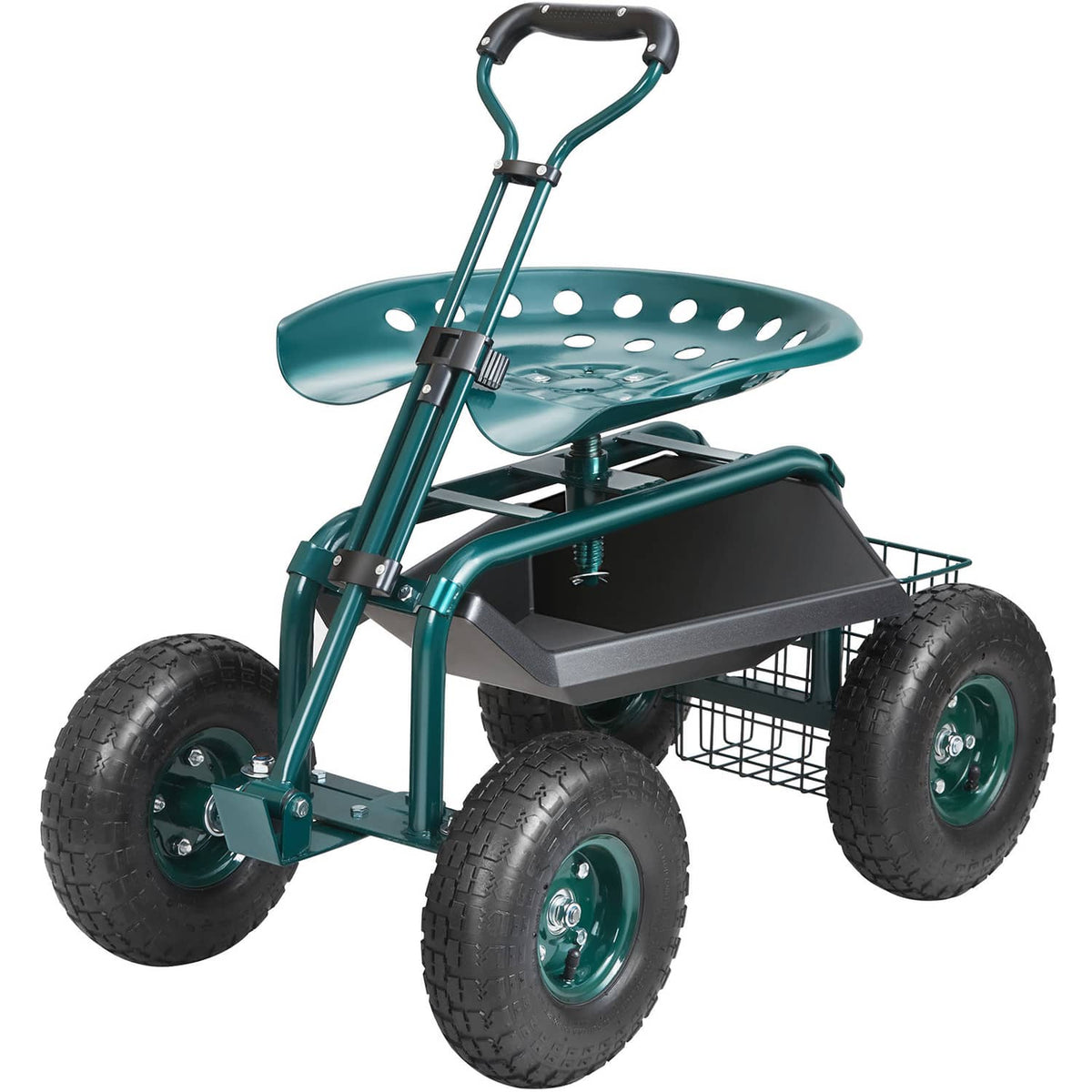 Green rolling garden cart with perforated seat pan, steer handle, and four wheels