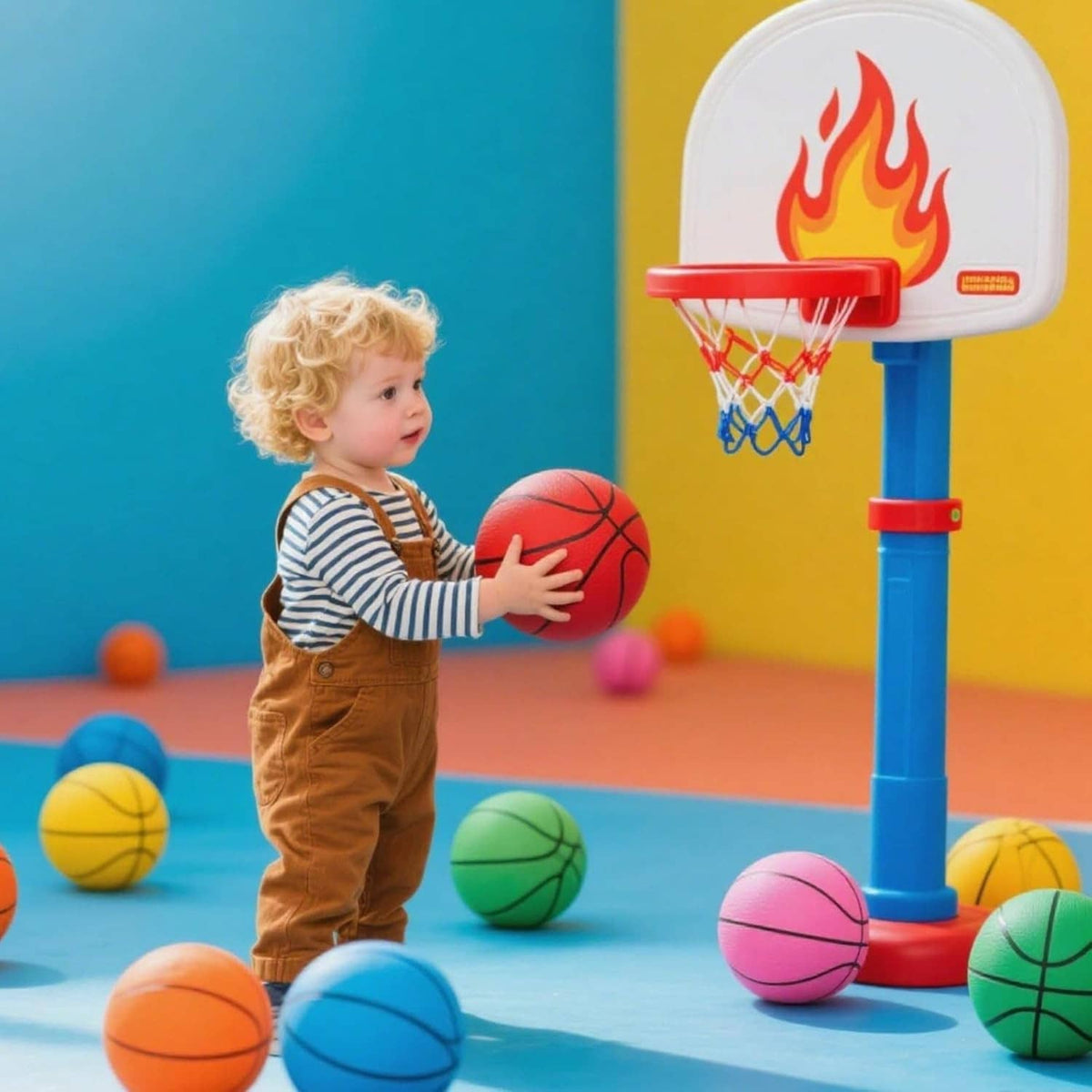 Mini basketballs set with multiple colored balls, child holding an orange ball