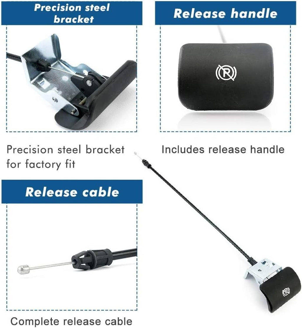 Parking brake release handle and cable kit components with metal bracket