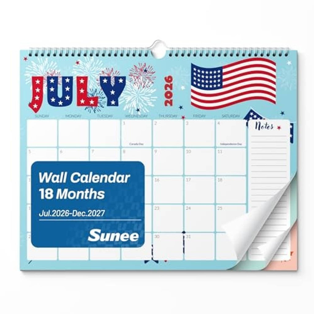 18-month wall calendar with spiral binding and pull-out notes page, Jul 2026–Dec 2027