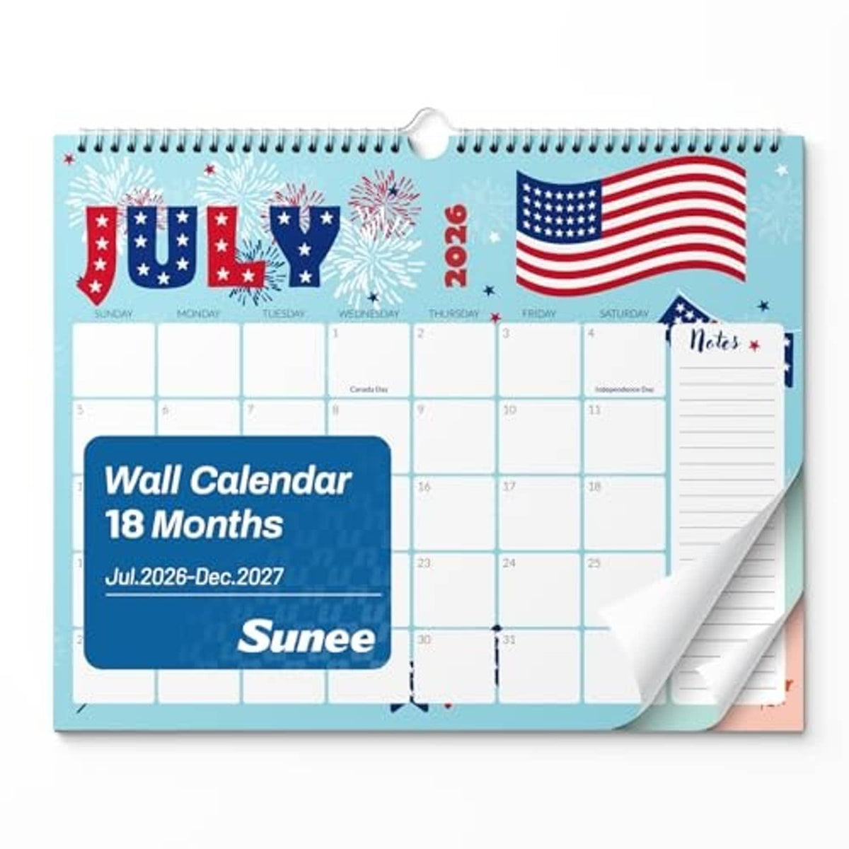 18-month wall calendar with spiral binding and pull-out notes page, Jul 2026–Dec 2027