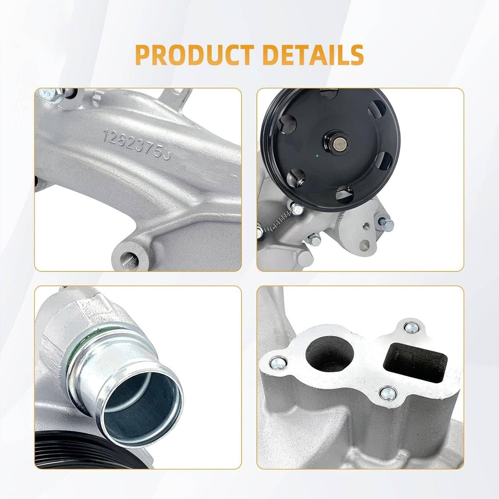 Engine water pump with thermostat housing, close-up views of housing and pulley end