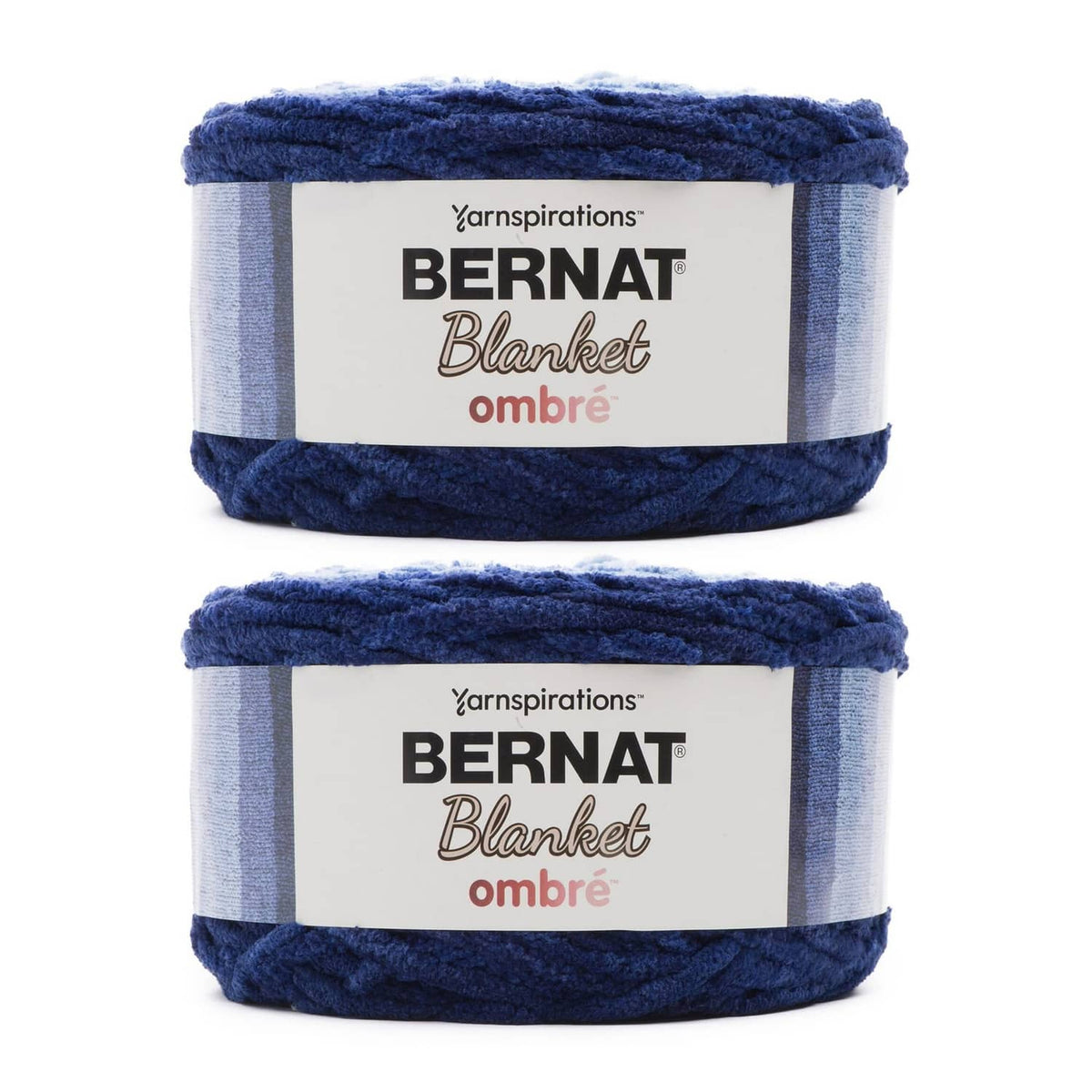 Ombre yarn skein 2-pack in dark navy with lighter blue bands, super bulky texture
