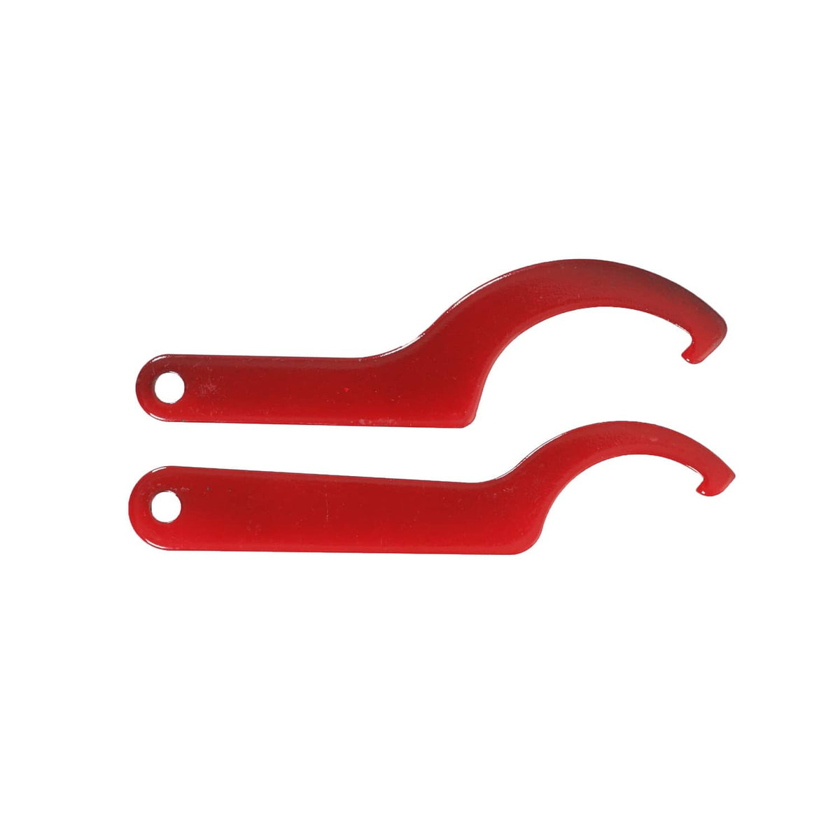 Red adjustable wrench tool with two curved jaw ends