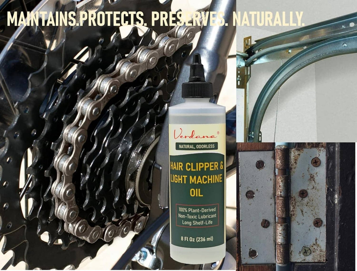 Hair clipper oil bottle beside bicycle chain and metal hinge parts