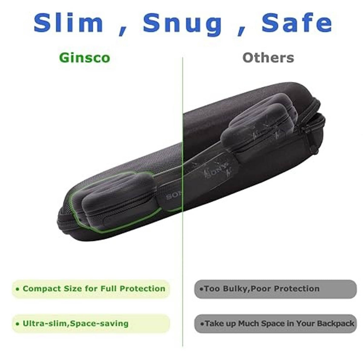 Slim black headphone case in an infographic with safety and space-saving graphics