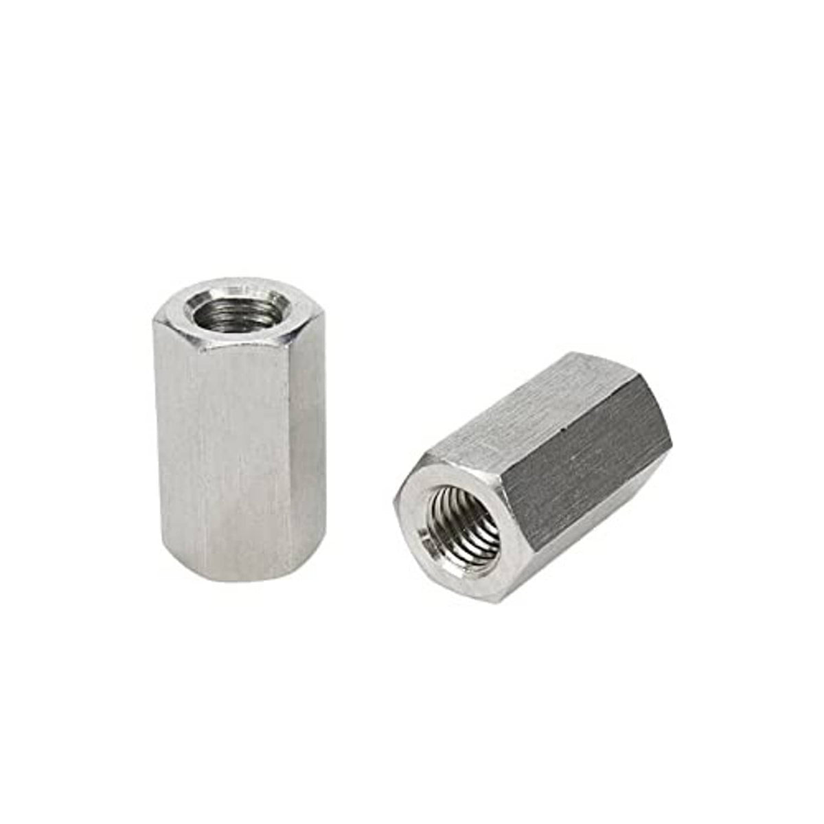 Stainless steel hex coupling nuts (2-pack), one upright, one angled female threads