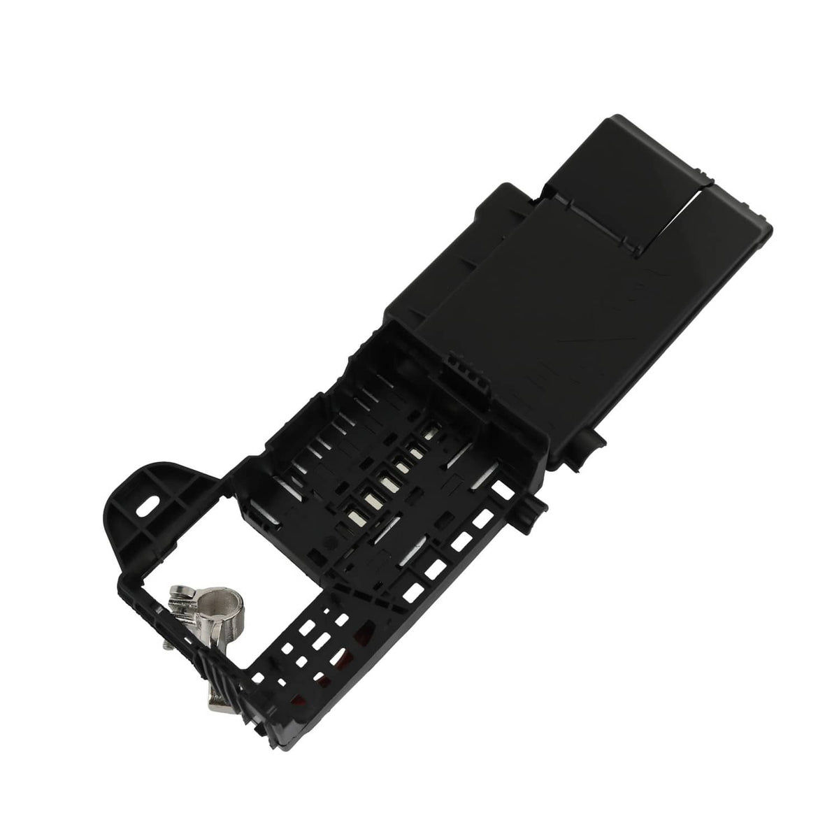 Black fuse block terminal assembly with connector pins and metal grounding tab