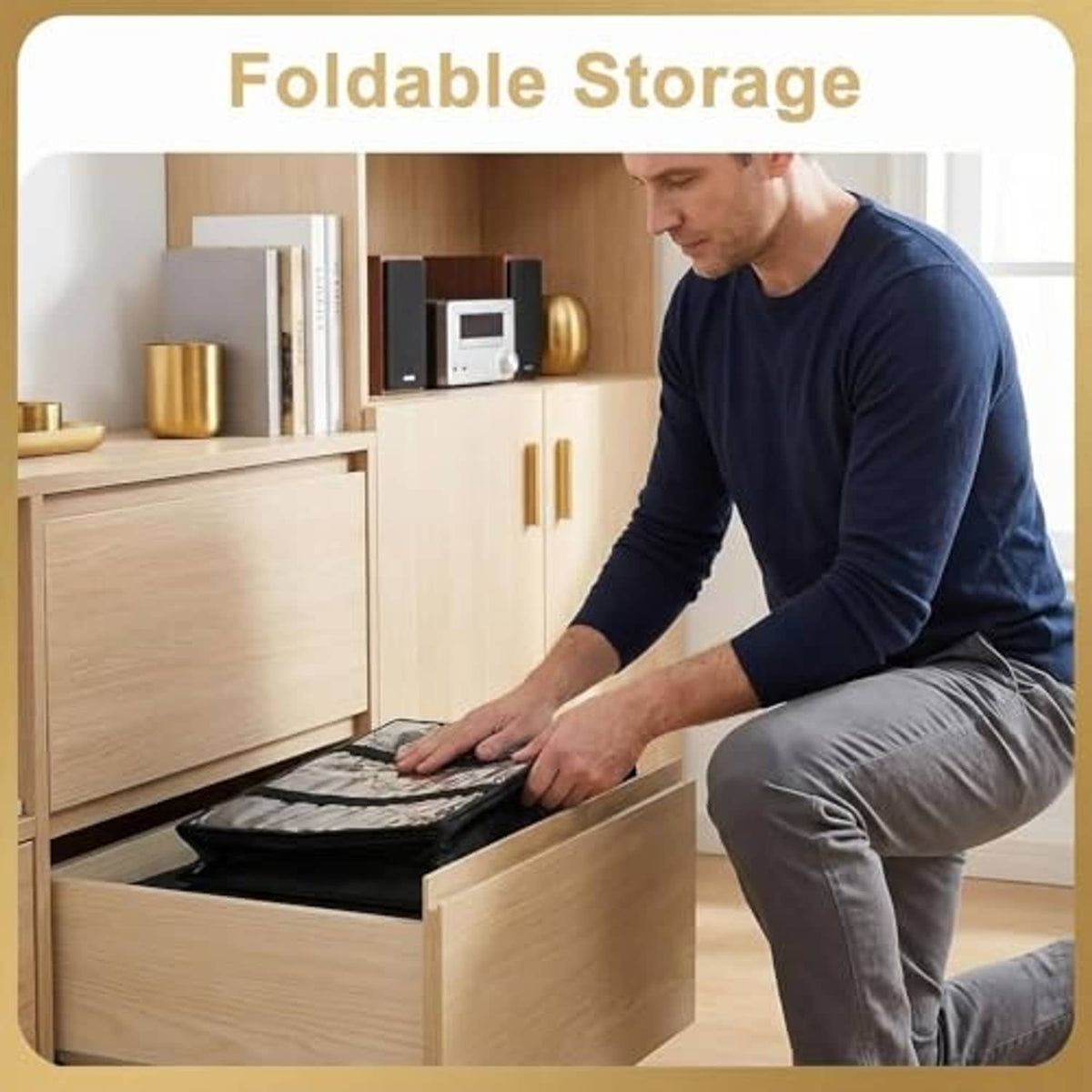 Foldable black CD/DVD storage bag with clear window panel and zipper, stored in drawer