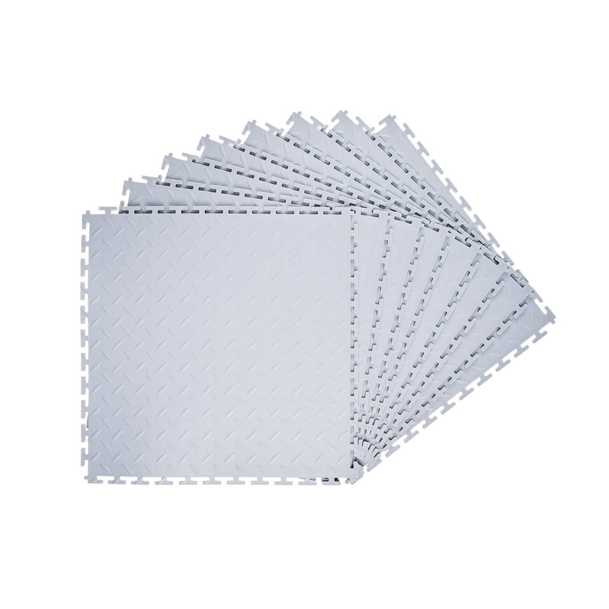 Interlocking PVC garage floor tiles, light gray diamond texture, 8-pack square mats