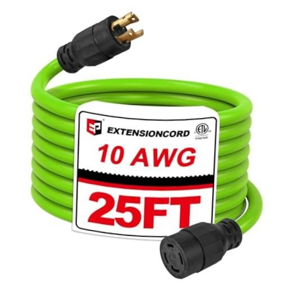 Green 25 ft extension cord with 4-prong NEMA plug, labeled 10 AWG