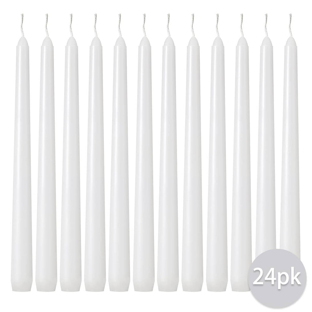 White dripless taper candles, unlit, 24-pack set, slender 10-inch design