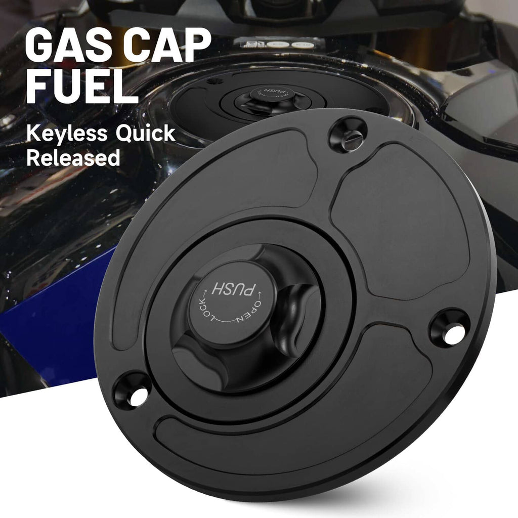 Black fuel tank gas cap with quick-release style center and four mounting holes