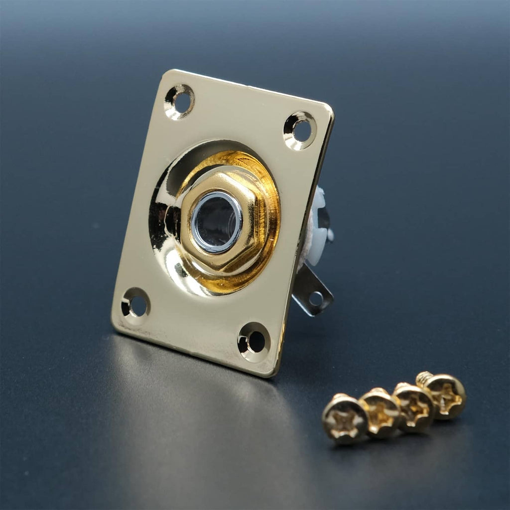 Gold 1/4 jack input socket plate with 4 screws and chrome inner bushing