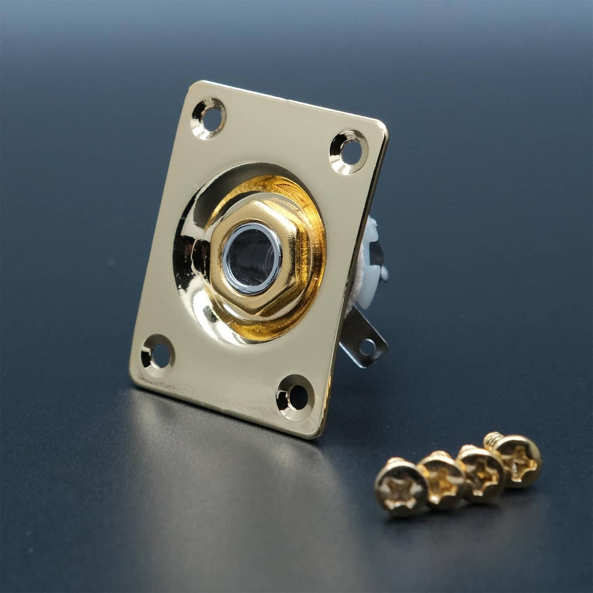 Gold 1/4 jack input socket plate with 4 screws and chrome inner bushing
