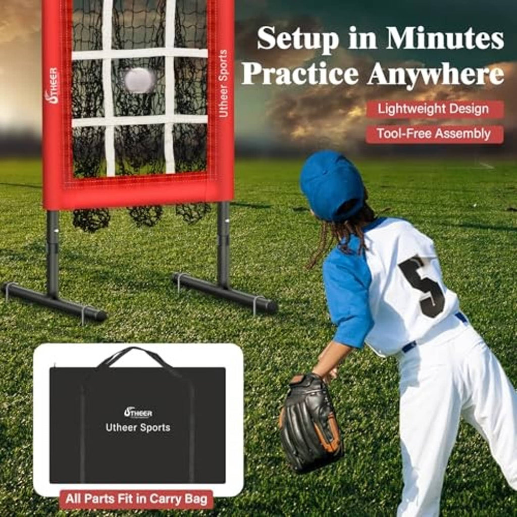 Red pitching net with carry bag and black stake base for quick setup