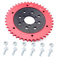 Red and black split mini bike sprocket with bolt hardware and mounting holes