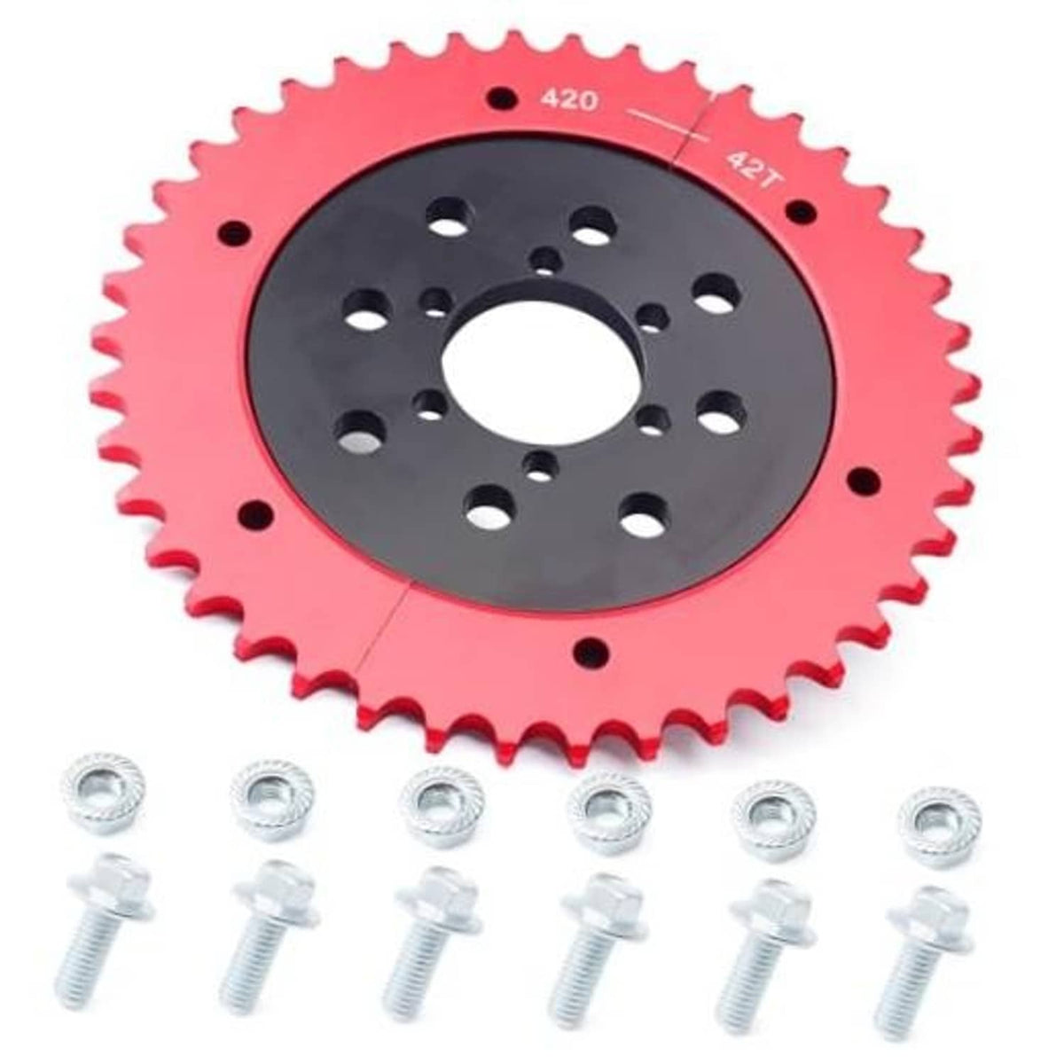 Red and black split mini bike sprocket with bolt hardware and mounting holes