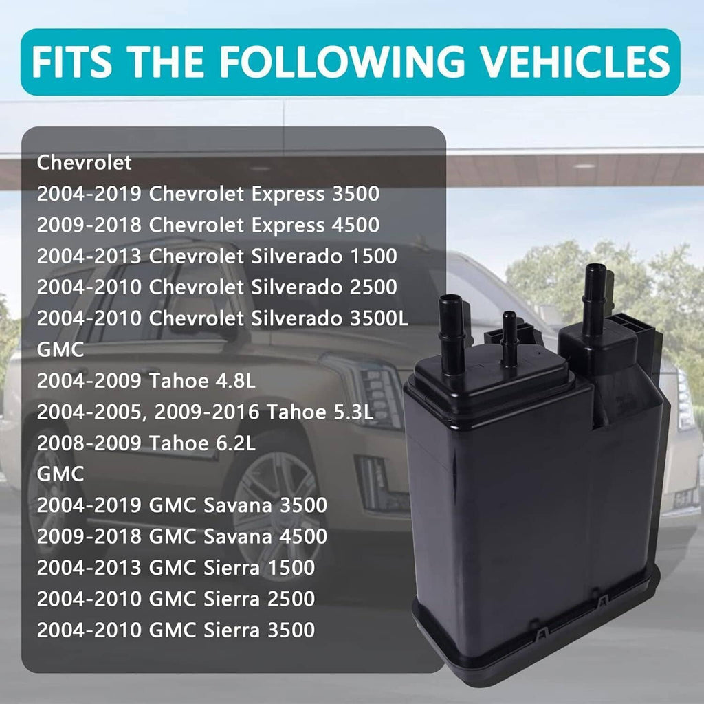 Black vapor canister with three outlet ports for GM trucks and vans