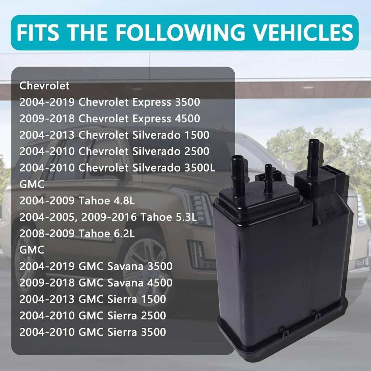 Black vapor canister with three outlet ports for GM trucks and vans