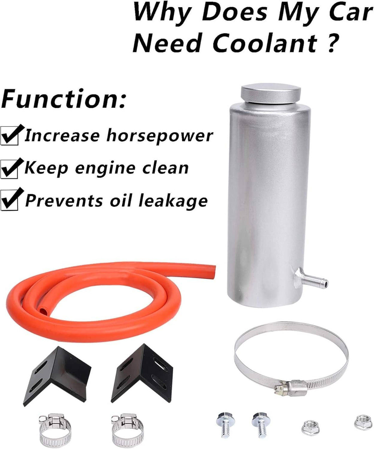 Aluminum coolant overflow catch tank with red hose and stainless clamps