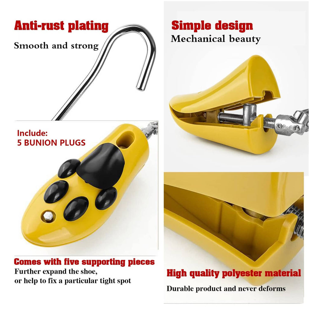Yellow boot stretcher with metal handle and bunion plugs, showing adjustable mechanism