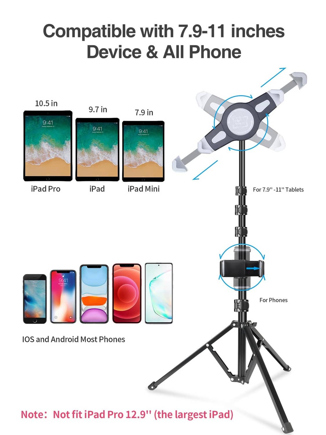 iPad and phone tripod stand with device clamp and compatibility diagram