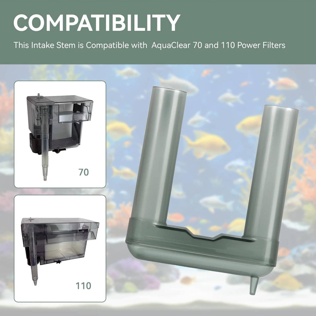 U-shaped aquarium intake stem with two vertical tubes, translucent plastic filter part