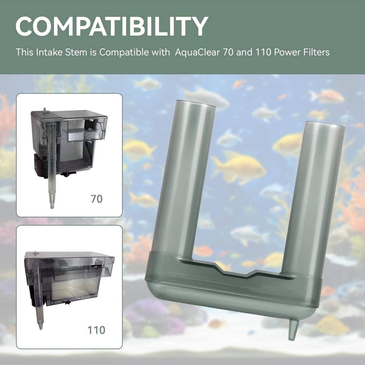 U-shaped aquarium intake stem with two vertical tubes, translucent plastic filter part