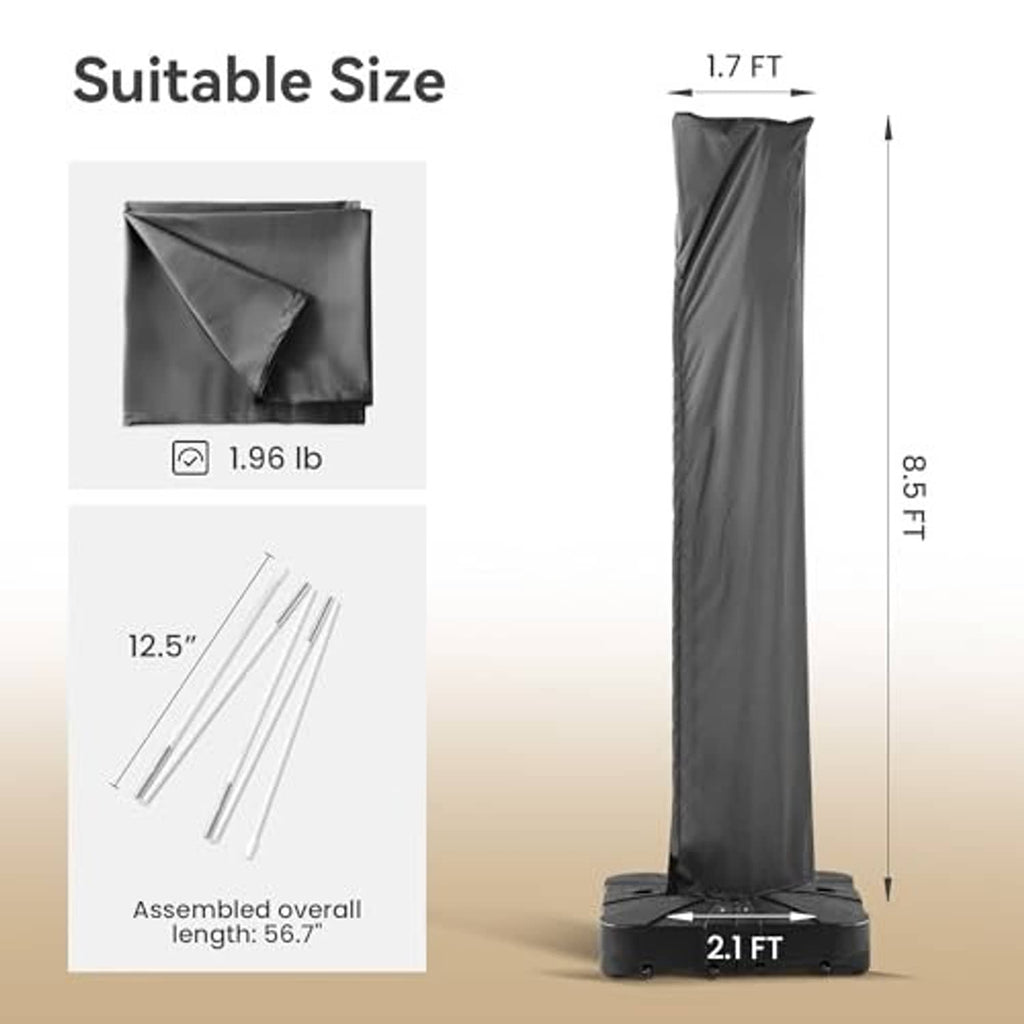 Grey tall patio umbrella cover with snug fit base and secure fastenings