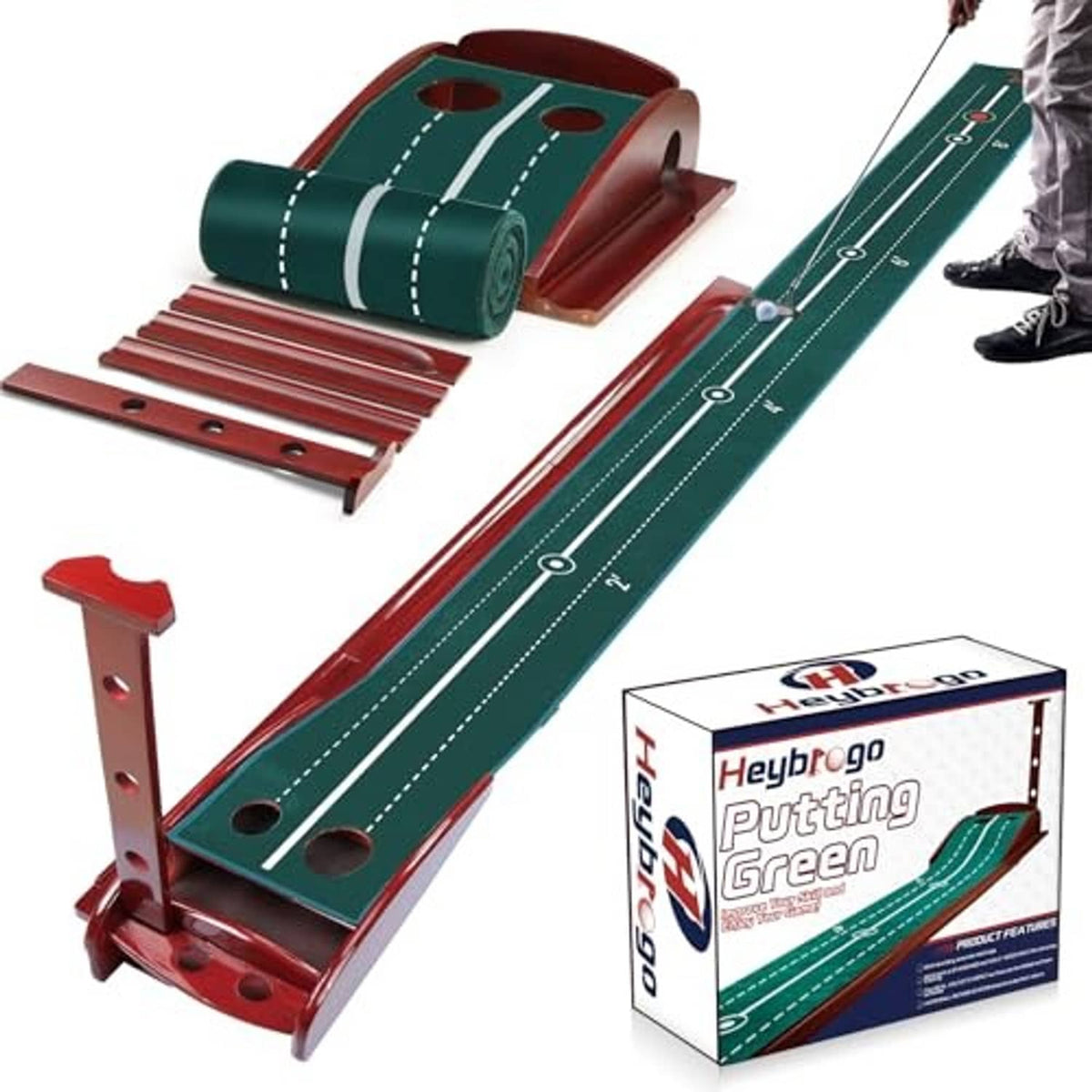 Green golf putting mat with red rails and automatic ball return housing