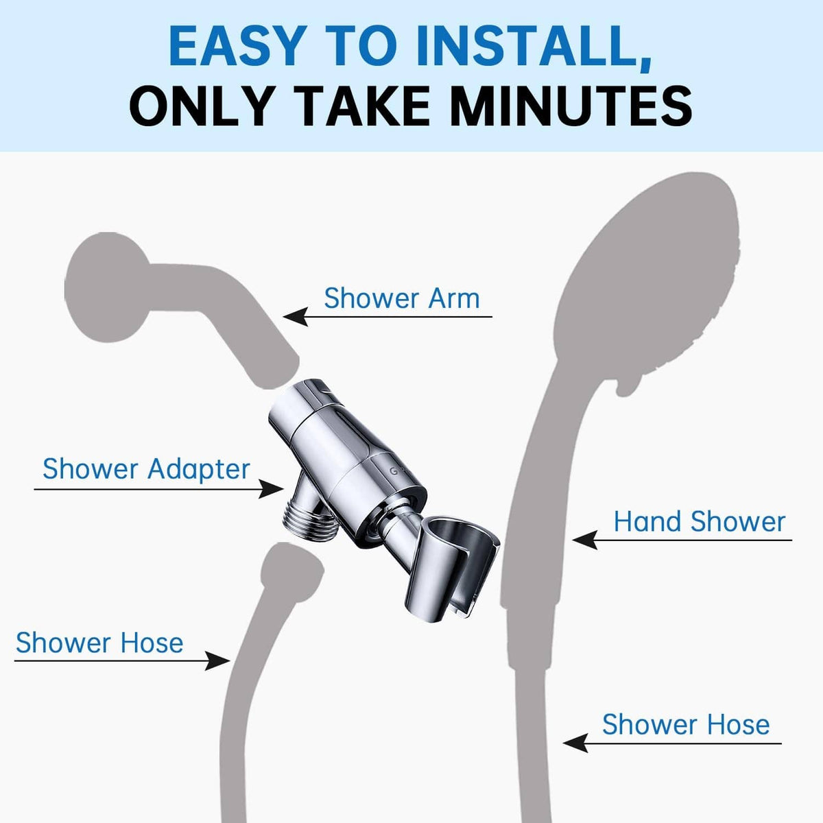 Metal shower head holder installation diagram with adapter and hand shower support, chrome